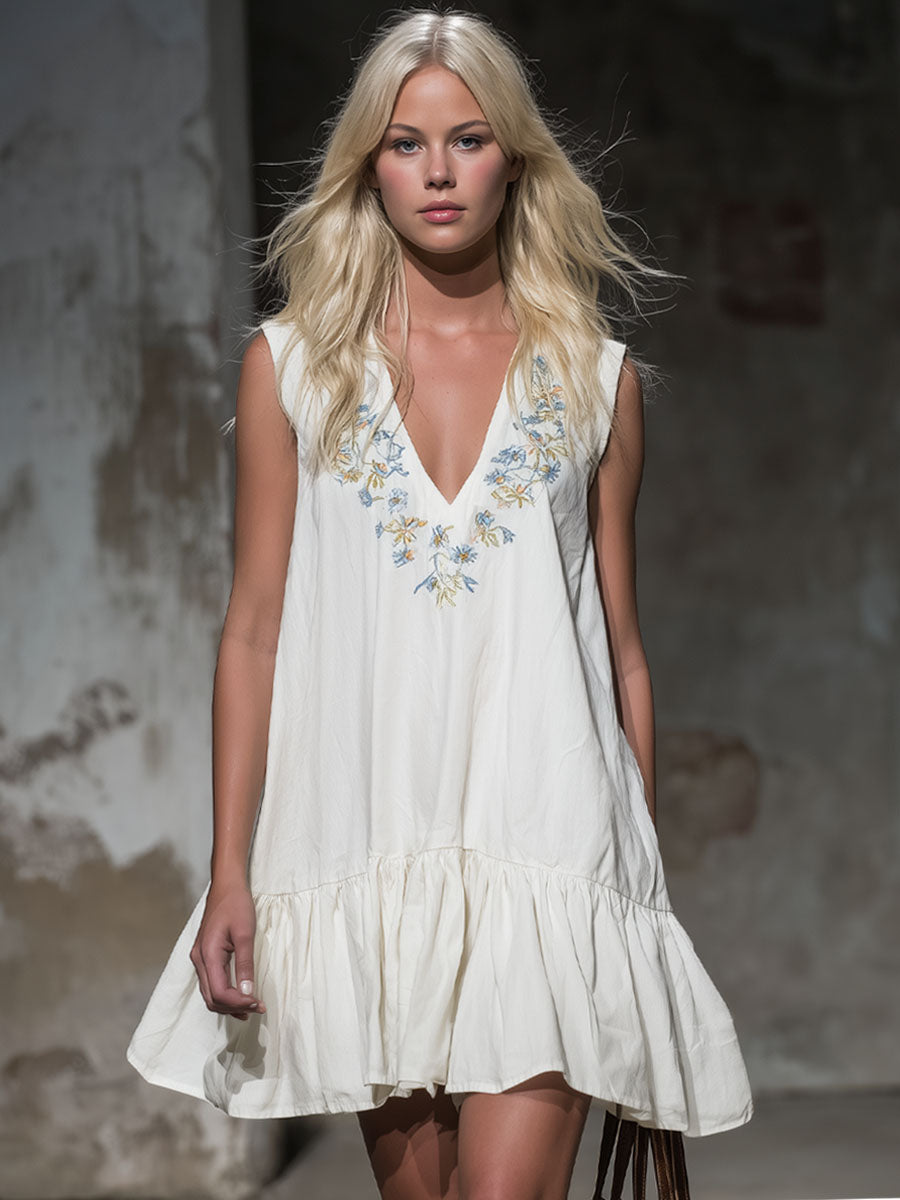 V-neck Floral Embroidered Cotton Sleeveless Mini Dress