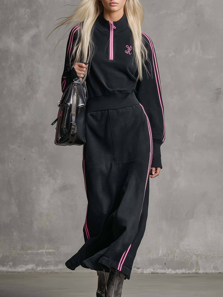 Elegant Retro Sporty Lapel Front Zipper Pink Trim Black Cotton Maxi Dress