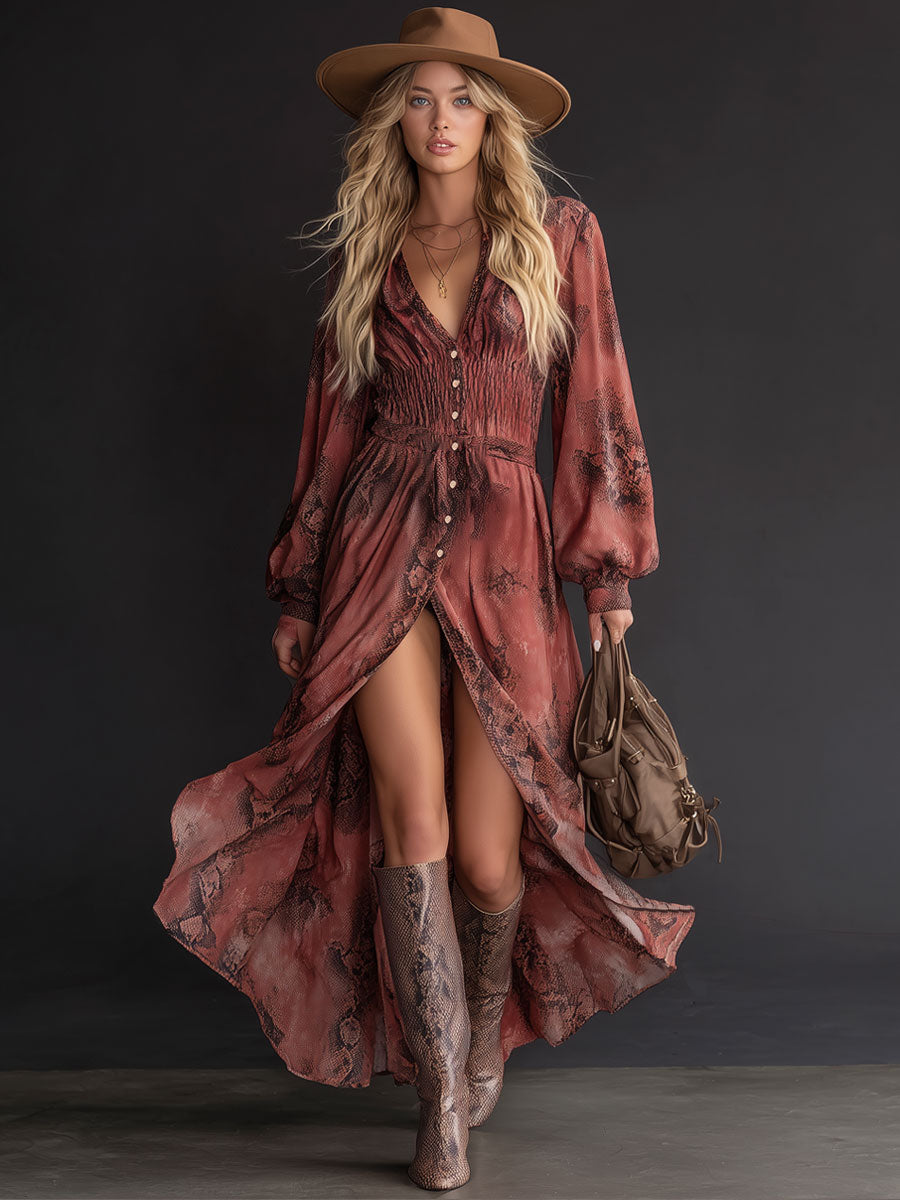 Fashionable Retro Brick Red Chiffon Snakeskin Elastic Waist Long Sleeve Maxi Dress