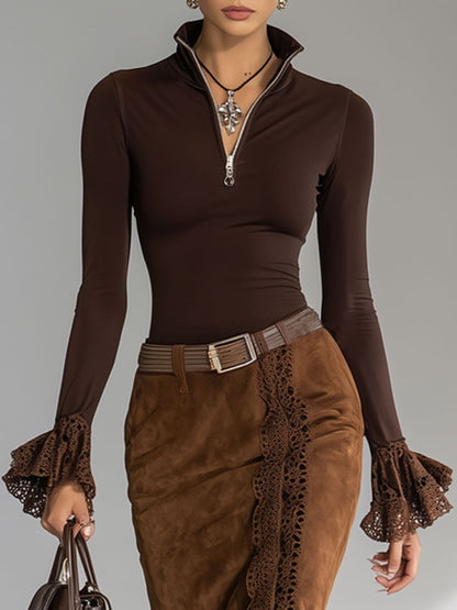 A Fitted Stand-up Collar Zip-up Long-sleeved Top And Faux Suede Skirt Set