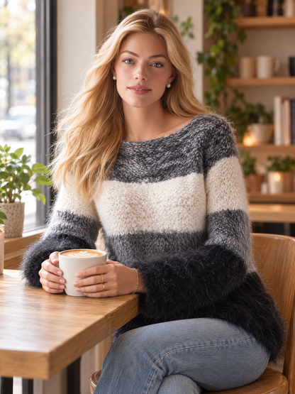 Chic Color Block Fuzzy Striped Oversized Boat Neck Mohair Sweater