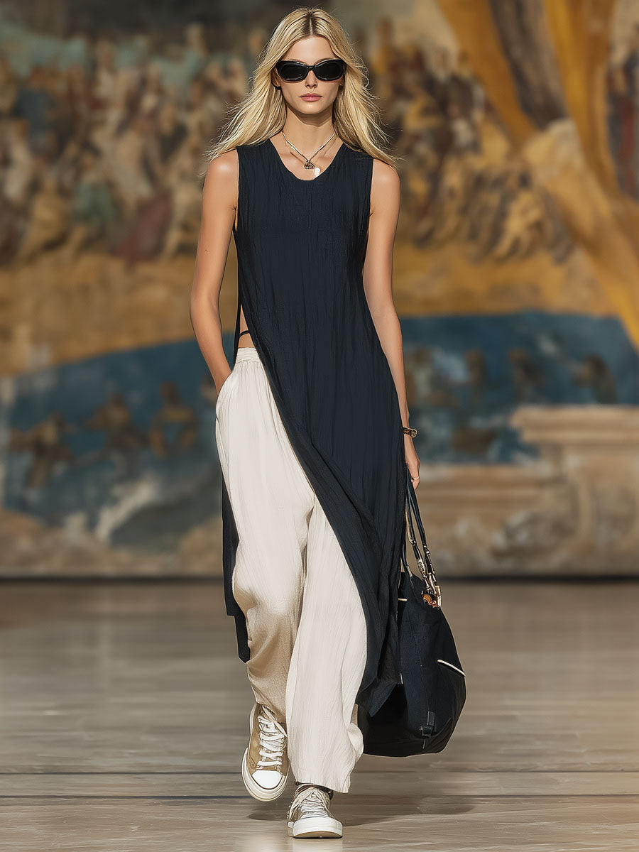 Sleeveless Irregular-hem Top And Trousers Cotton And Linen Set