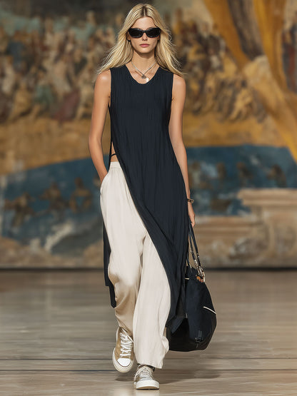 Sleeveless Irregular-hem Top And Trousers Cotton And Linen Set