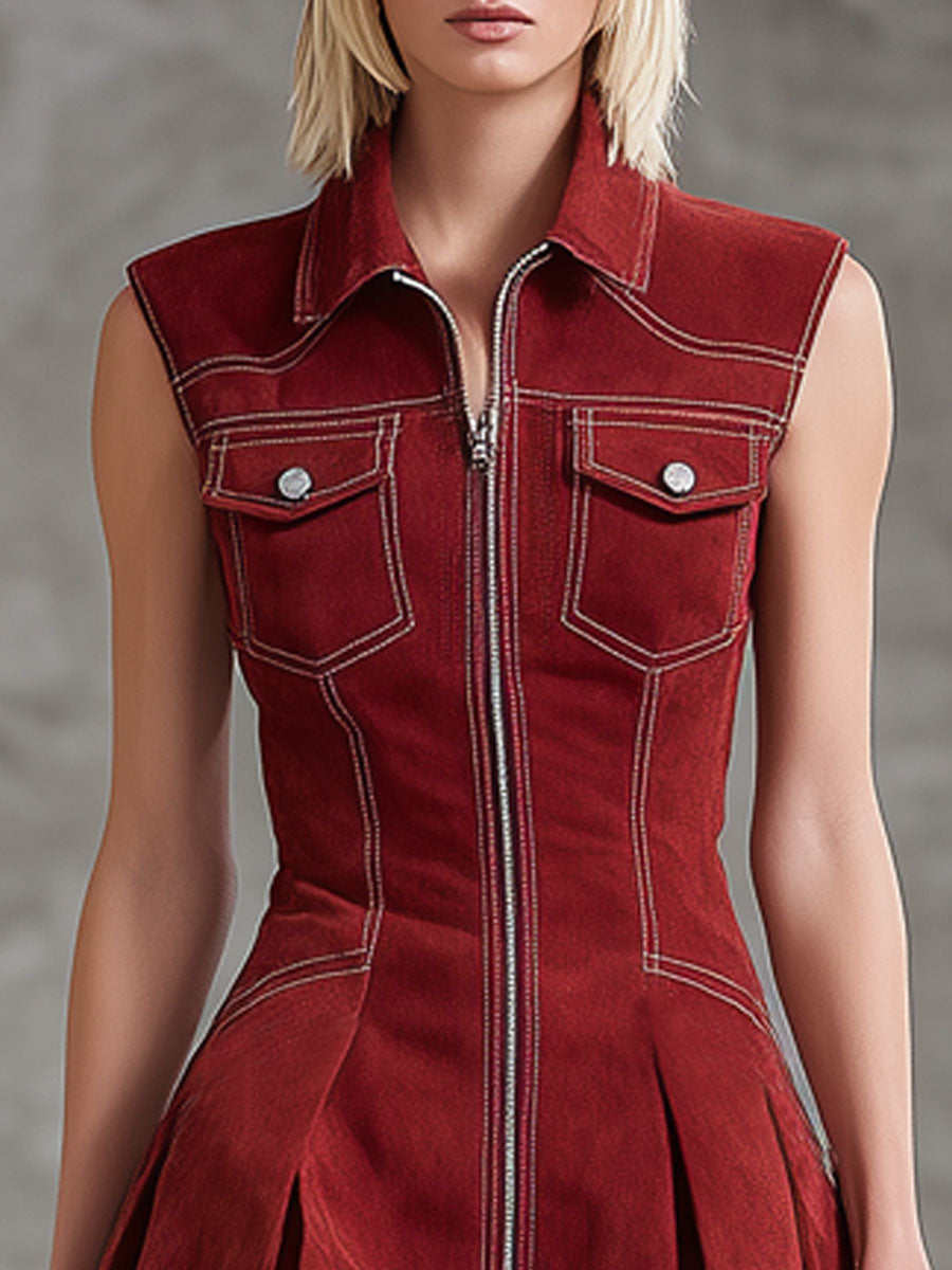 Lapel Collar Zip-up Faux Suede Double-pocket Sleeveless Mini Dress