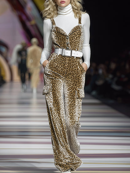 Casual And Stylish Leopard Print Velvet Overalls