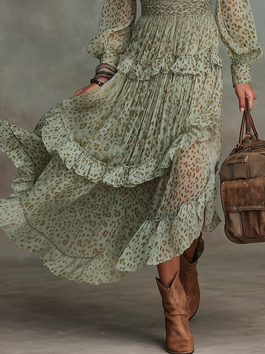 Vintage And Elegant V-neck Ruffled Leopard Print Chiffon Midi Dress