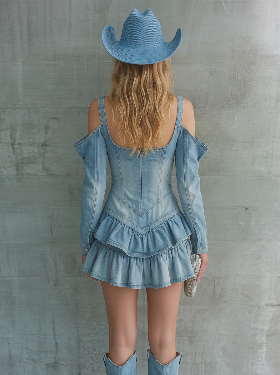 Off-the-shoulder Dress Featuring A V-neck And Long Double-layered Ruffled Sleeves