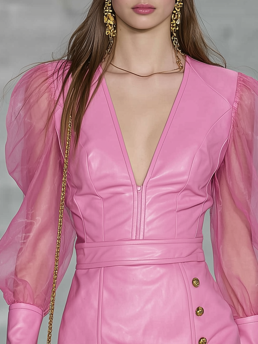 Elegant V-neck Lantern Sleeve Faux Leather Mini Dress