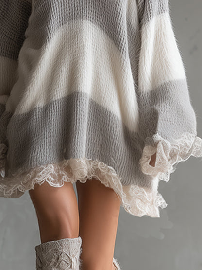 Stylish And Exquisite Gray And White Striped Faux Rabbit Fur Knit Mini Dress