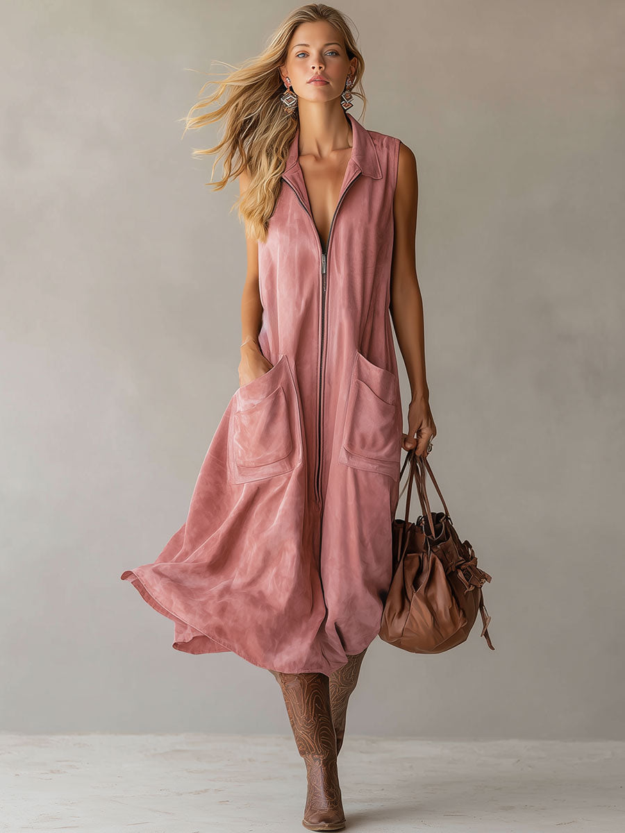 Retro Casual Pink Sleeveless Zipper Faux Suede Midi Dress