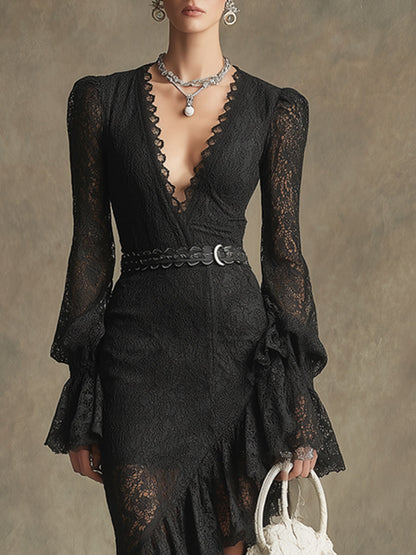 Fashionable Retro Long-sleeved Black Lace Ruffled Slit Maxi Dress