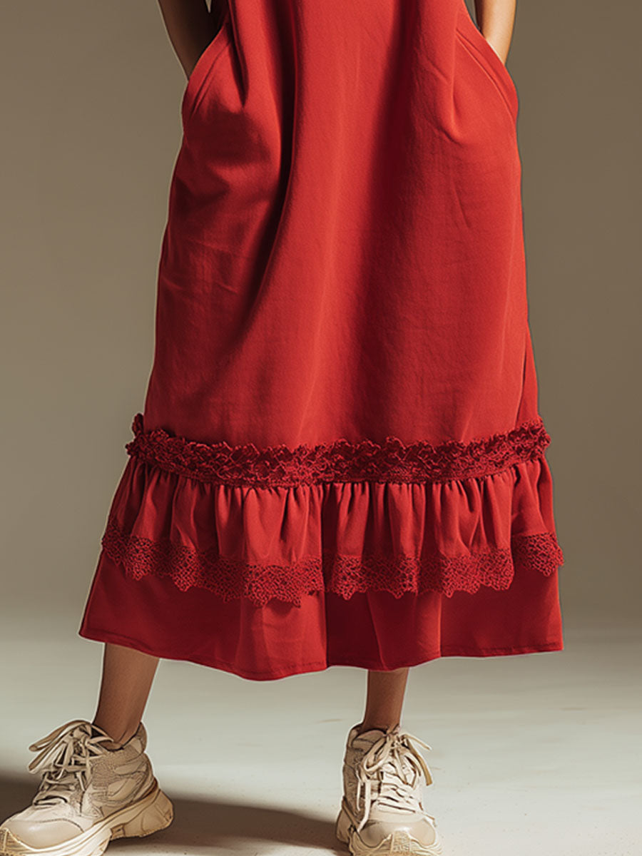 Sporty Retro Lace Ruffled Red Cotton Sleeveless Hooded Midi Dress