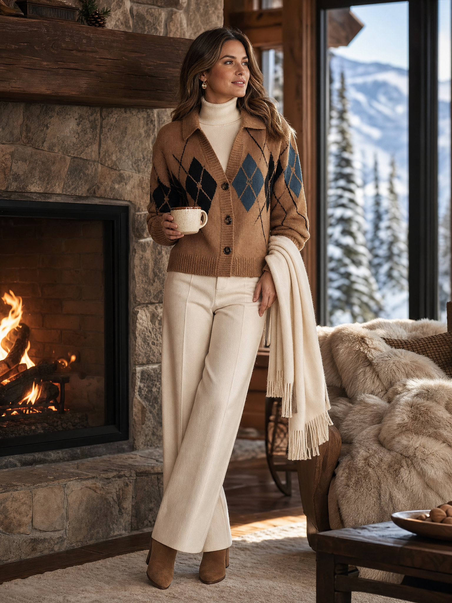 Old-Money Camel Argyle Collared Button-Front Long-Sleeve Knit Cardigan Women