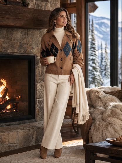 Old-Money Camel Argyle Collared Button-Front Long-Sleeve Knit Cardigan Women