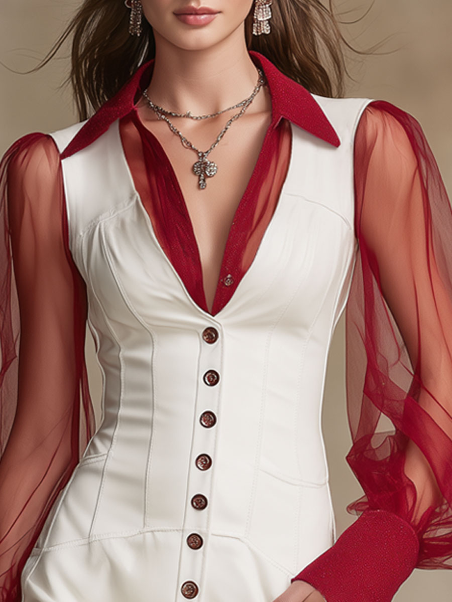 Fashionable Retro Red Gauze Sleeve White Faux Leather Mini Dress