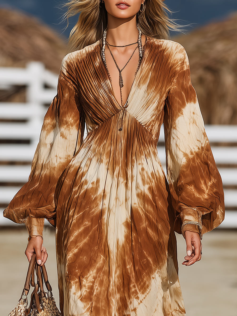 Retro Bohemian Tie-Dye Print V-Neck Elastic Gathered Maxi Dress