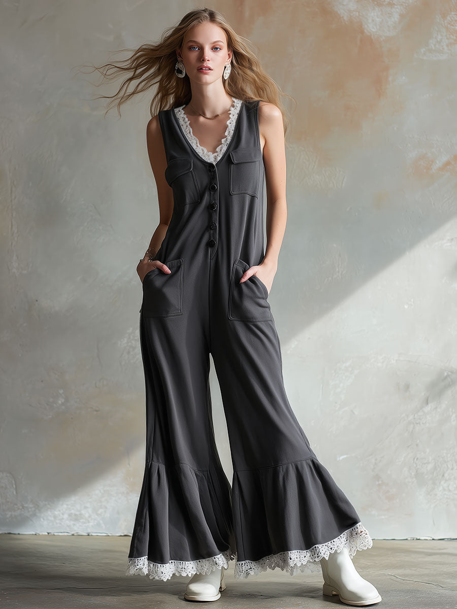 Casual Retro White Lace Dark Gray Cotton Blend Button Sleeveless Jumpsuit