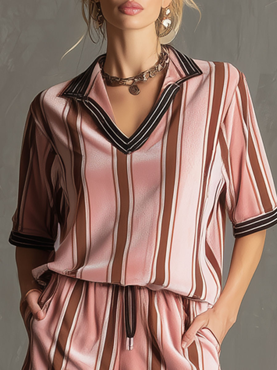 Sporty Retro Pink And Brown Striped Velvet Short-Sleeve Top And Shorts Set