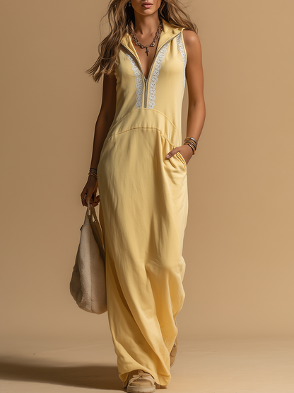 Sporty Comfortable Hooded Lace-trimmed Sleeveless Maxi Dress