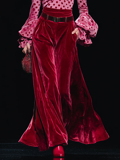 Trendy Retro Polka Dot Red Velvet V-neck Long-sleeved T-shirt And Wide-leg Pants Set