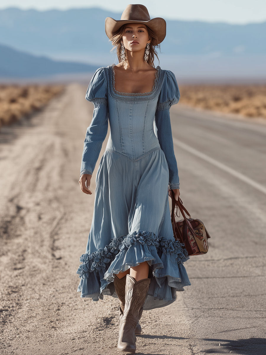 Western Retro Square Neck Lace Light Blue Denim Ruffled Long Sleeve Midi Dress