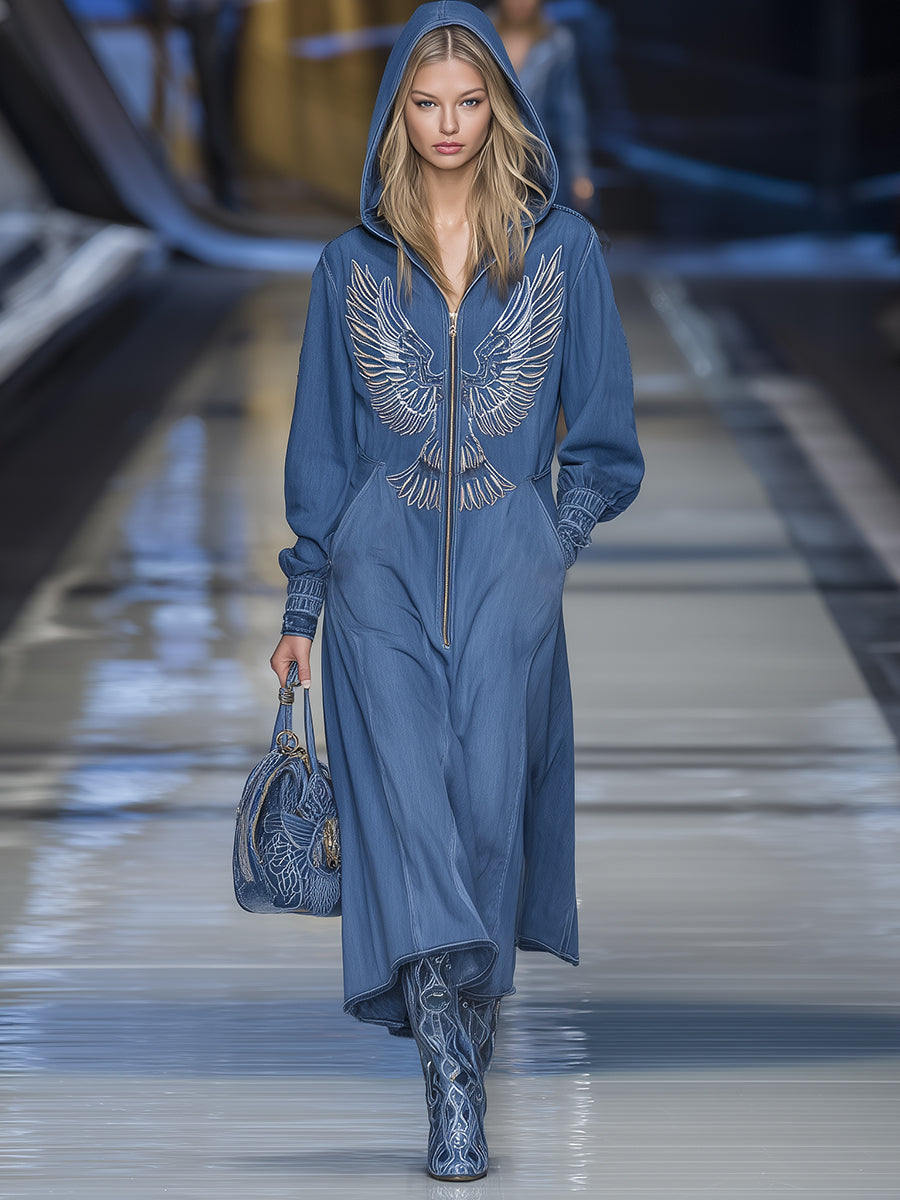Retro Blue Denim Hooded Zip-up Eagle Embroidered Maxi Dress
