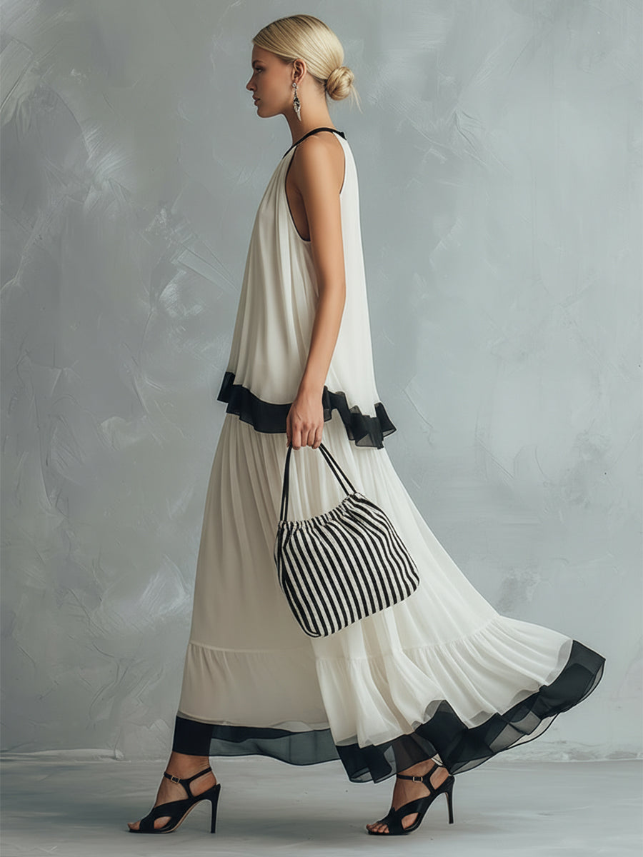 Elegant And Minimalist Color-blocked Ivory Beige Chiffon Halter Neck Top And Long Skirt Set