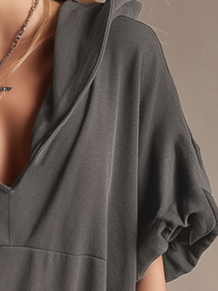 Stylish And Casual Grey Ruffled Hooded V-neck Cotton Mini Dress