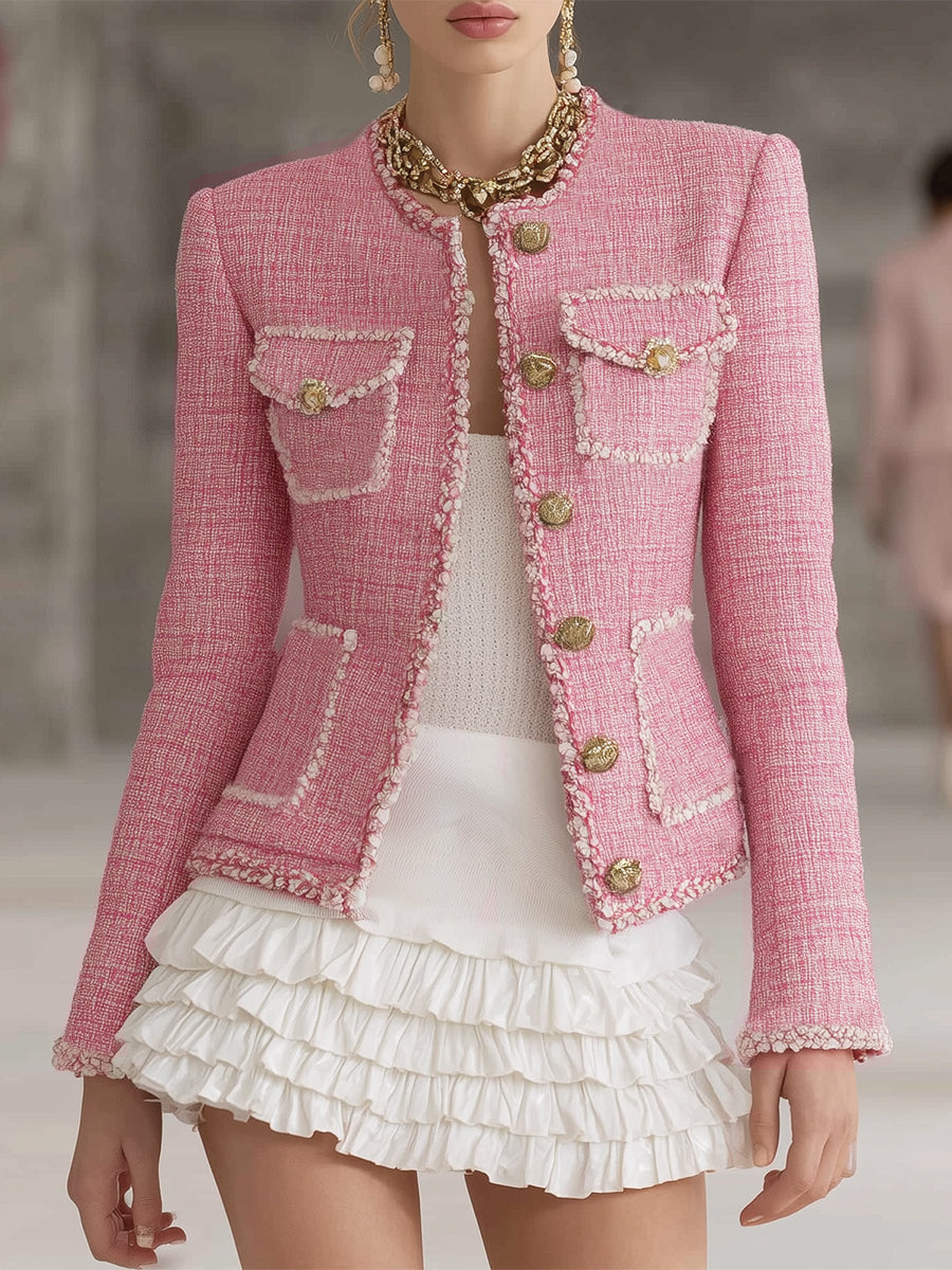 Designer Pink Tweed Patchwork White Trim Button Jacket