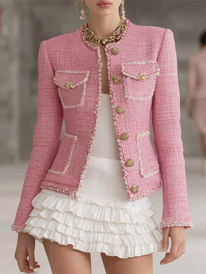 Designer Pink Tweed Patchwork White Trim Button Jacket