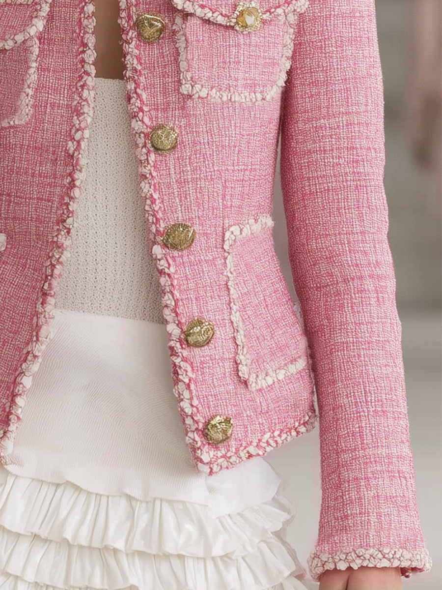 Designer Pink Tweed Patchwork White Trim Button Jacket