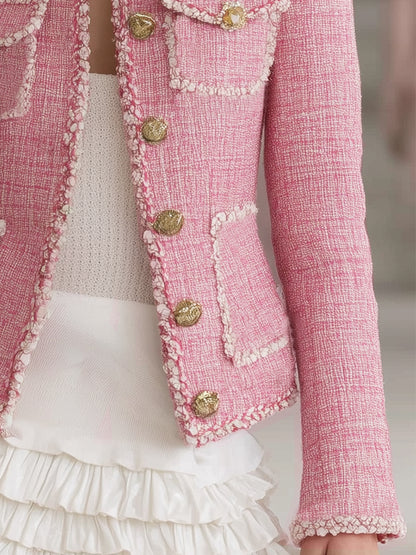 Designer Pink Tweed Patchwork White Trim Button Jacket