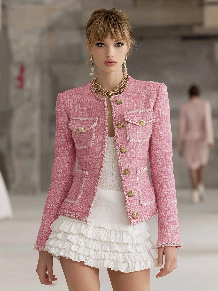 Designer Pink Tweed Patchwork White Trim Button Jacket