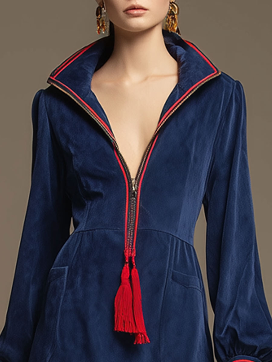 Western-style Retro Woven Ribbon Tassel Royal Blue Faux Suede Long-sleeved Mini Dress