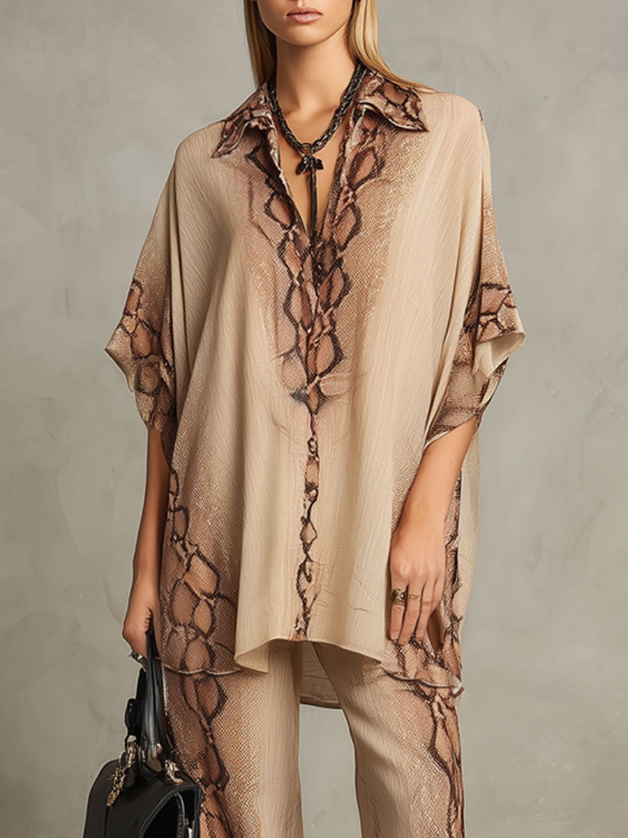 Vacation Retro Snake Print Champagne Chiffon Short-Sleeve Shirt And Pants Set