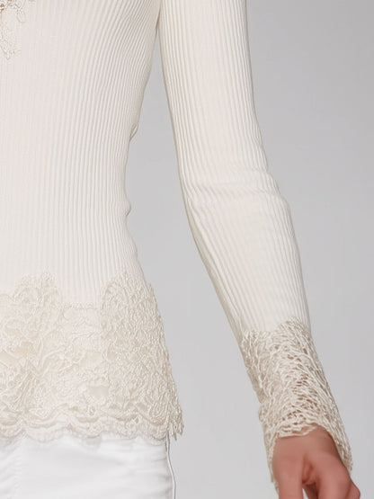 Stylish And Sexy Lace V-Neck White Knitted Sweater