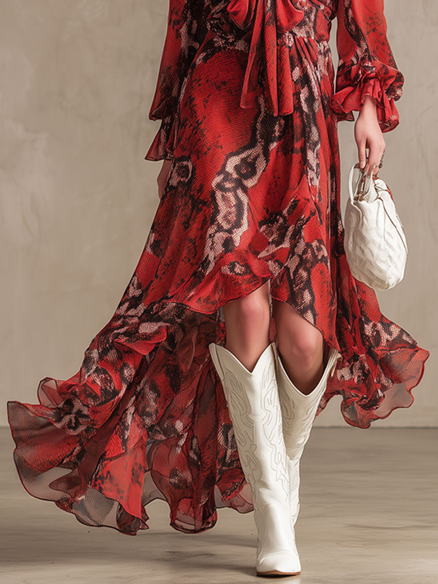 Fashionable Retro Resort Snakeskin Red Chiffon Long-sleeved Maxi Dress