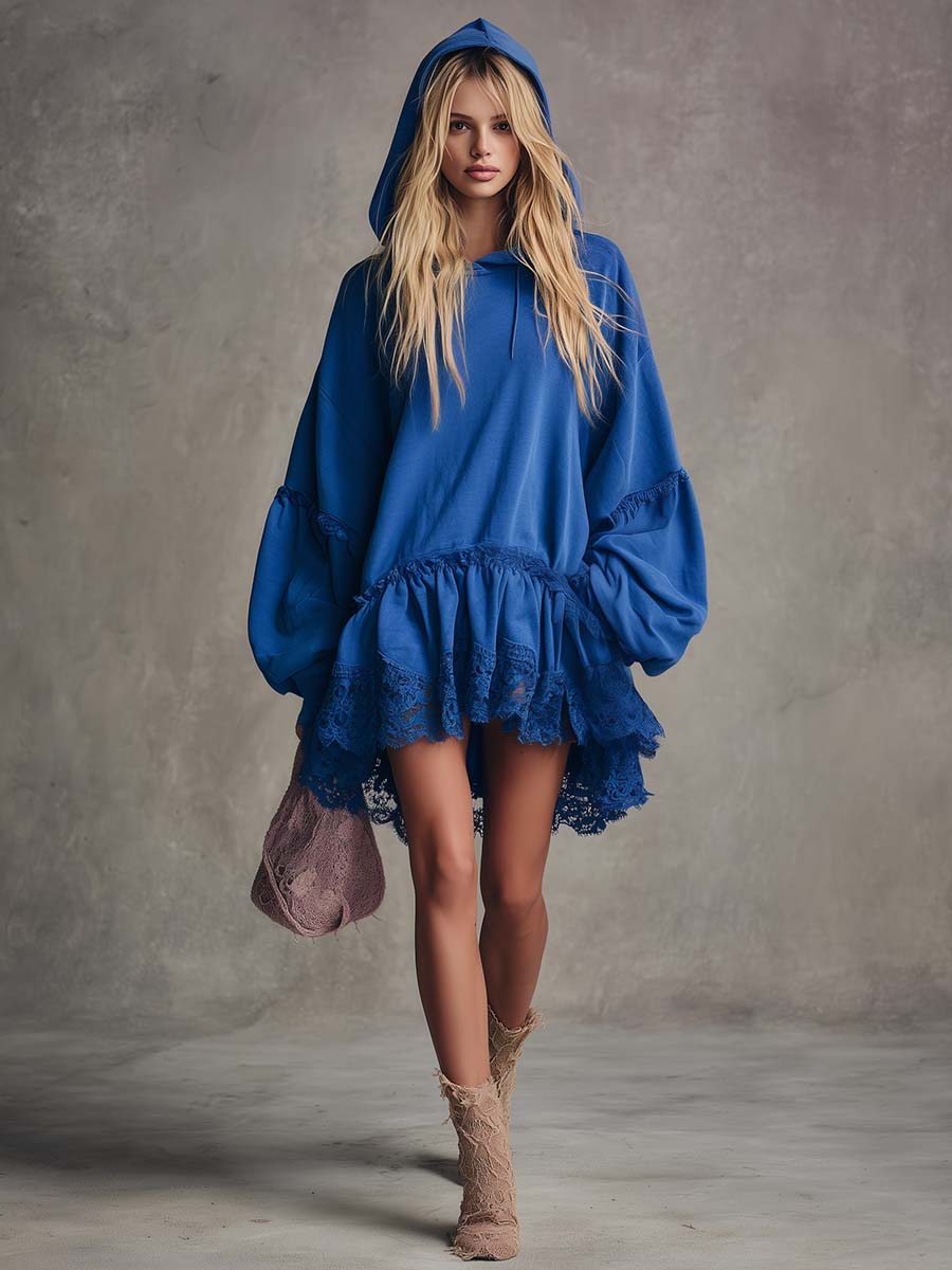 Vintage Fashion Sporty Lace Hem Loose Royal Blue Cotton Hooded Mini Dress