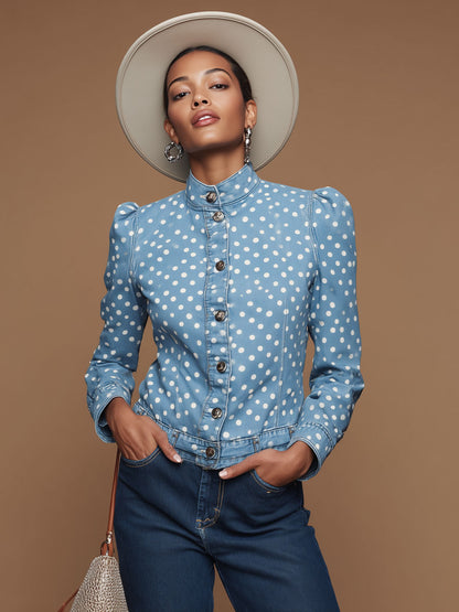 Stylish Retro Polka Dot Light Blue Denim Jacket
