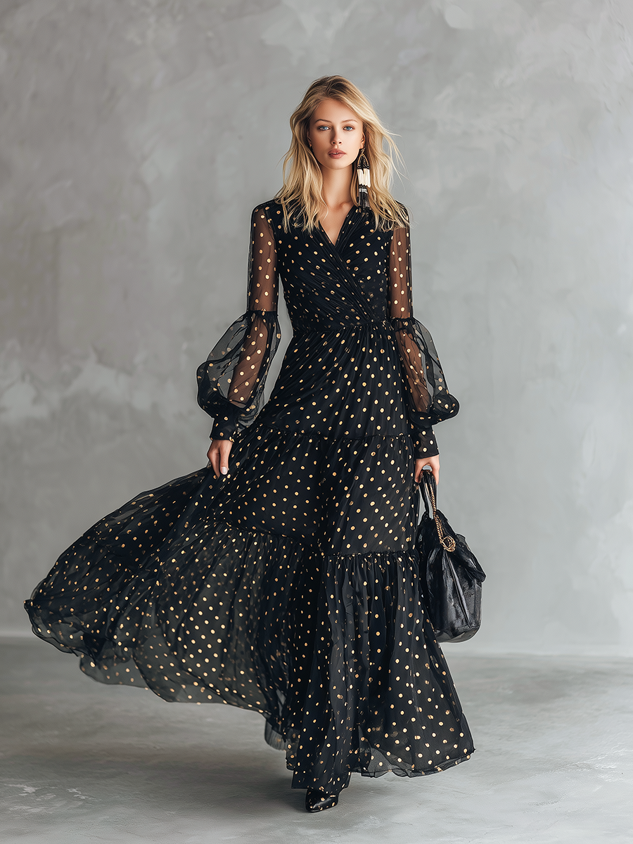 High-end Chic Gold Polka Dot V-neck Ruffled Black Chiffon Maxi Dress