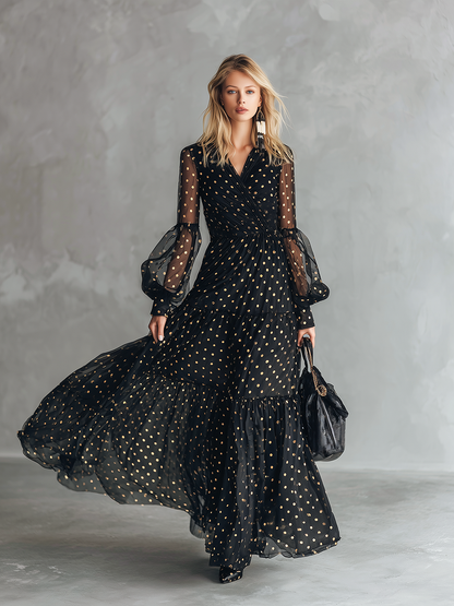 High-end Chic Gold Polka Dot V-neck Ruffled Black Chiffon Maxi Dress