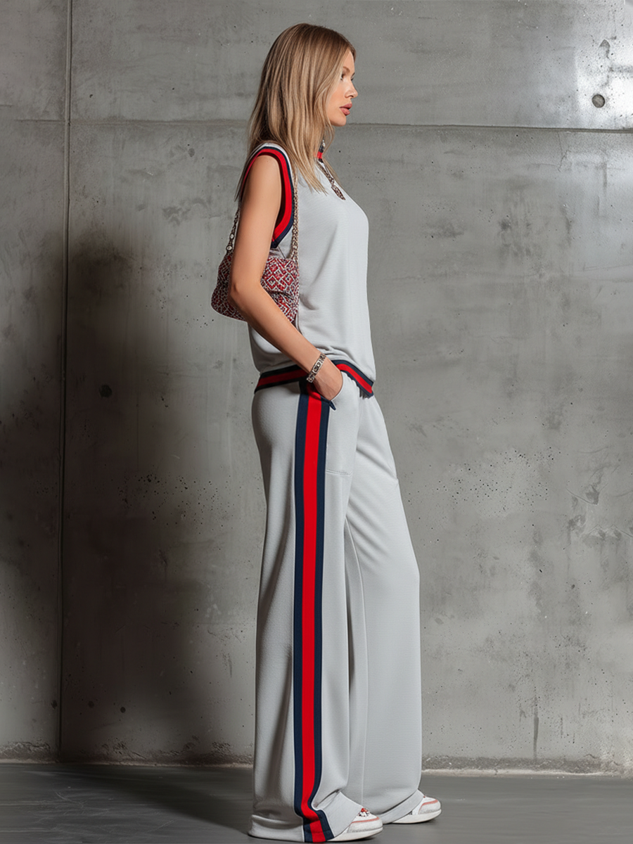 Retro Sporty Style Sleeveless T-shirt With Contrasting Trim And Wide-leg Pants Set