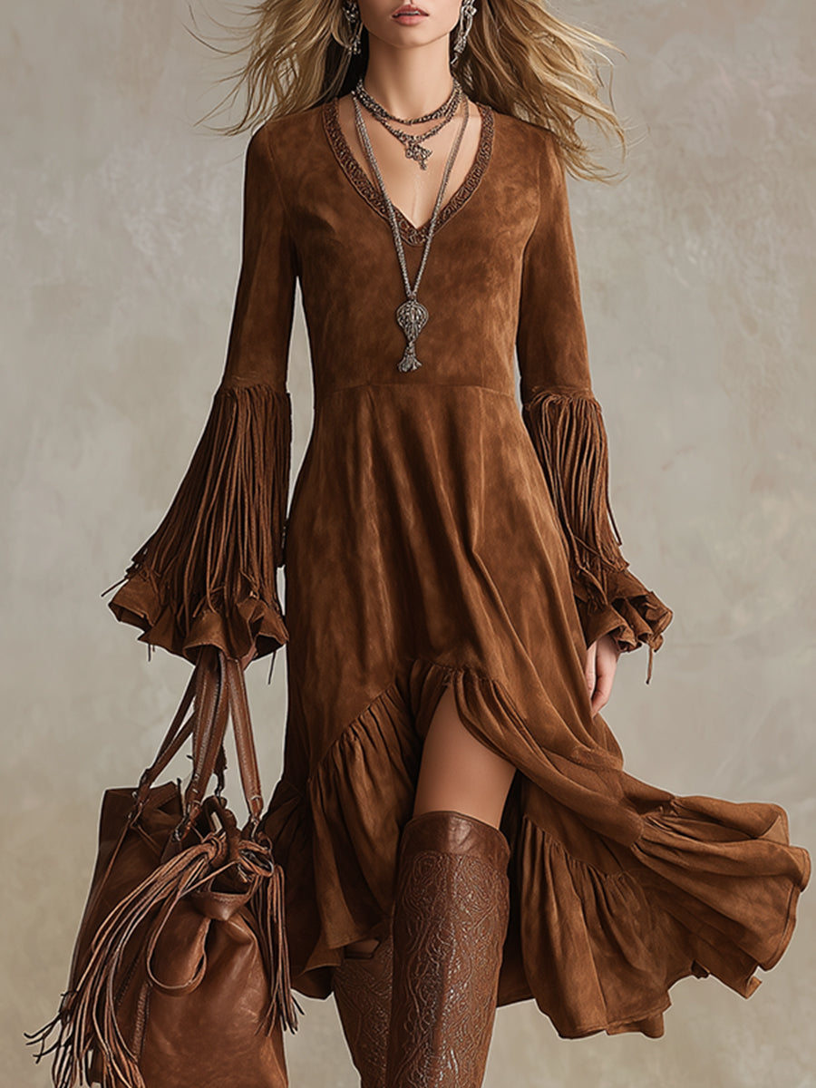 Vintage Bohemian Brown Faux Suede Cuff Tassel Midi Dress