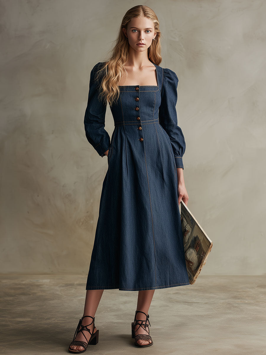 Fashionable Retro Navy Blue Denim Square Neck Long-sleeved Midi Dress