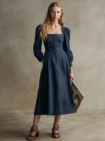 Fashionable Retro Navy Blue Denim Square Neck Long-sleeved Midi Dress