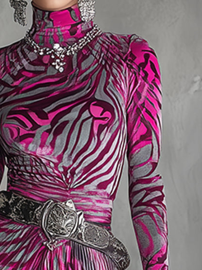Trendy And Eye-catching Hot Pink Zebra Print Velvet Maxi Dress