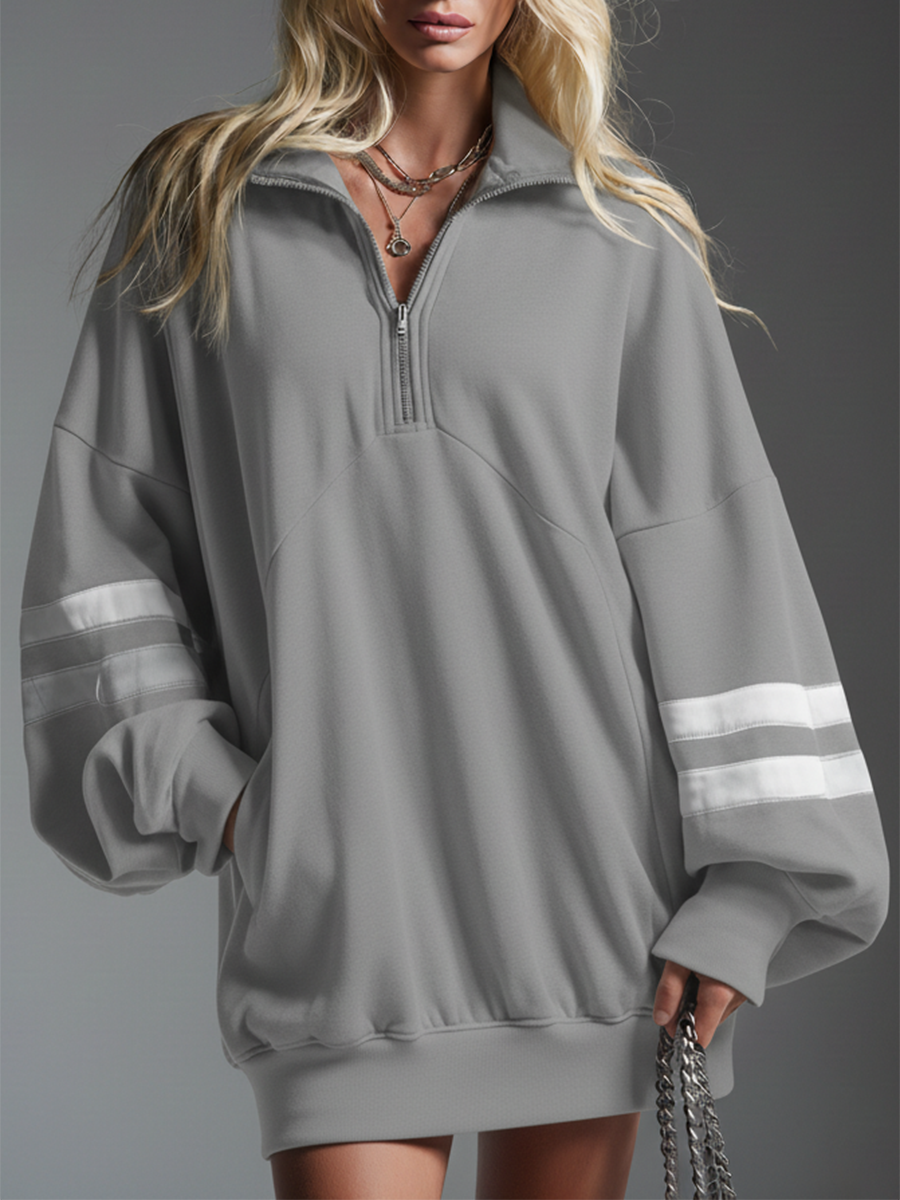 Stylish Casual Comfortable Lapel Zipper Closure Long-sleeved Mini Dress