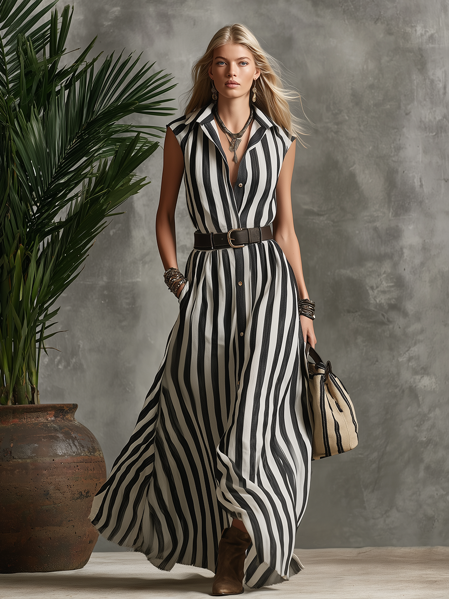 Retro Color-block Striped Lapel Sleeveless Maxi Dress