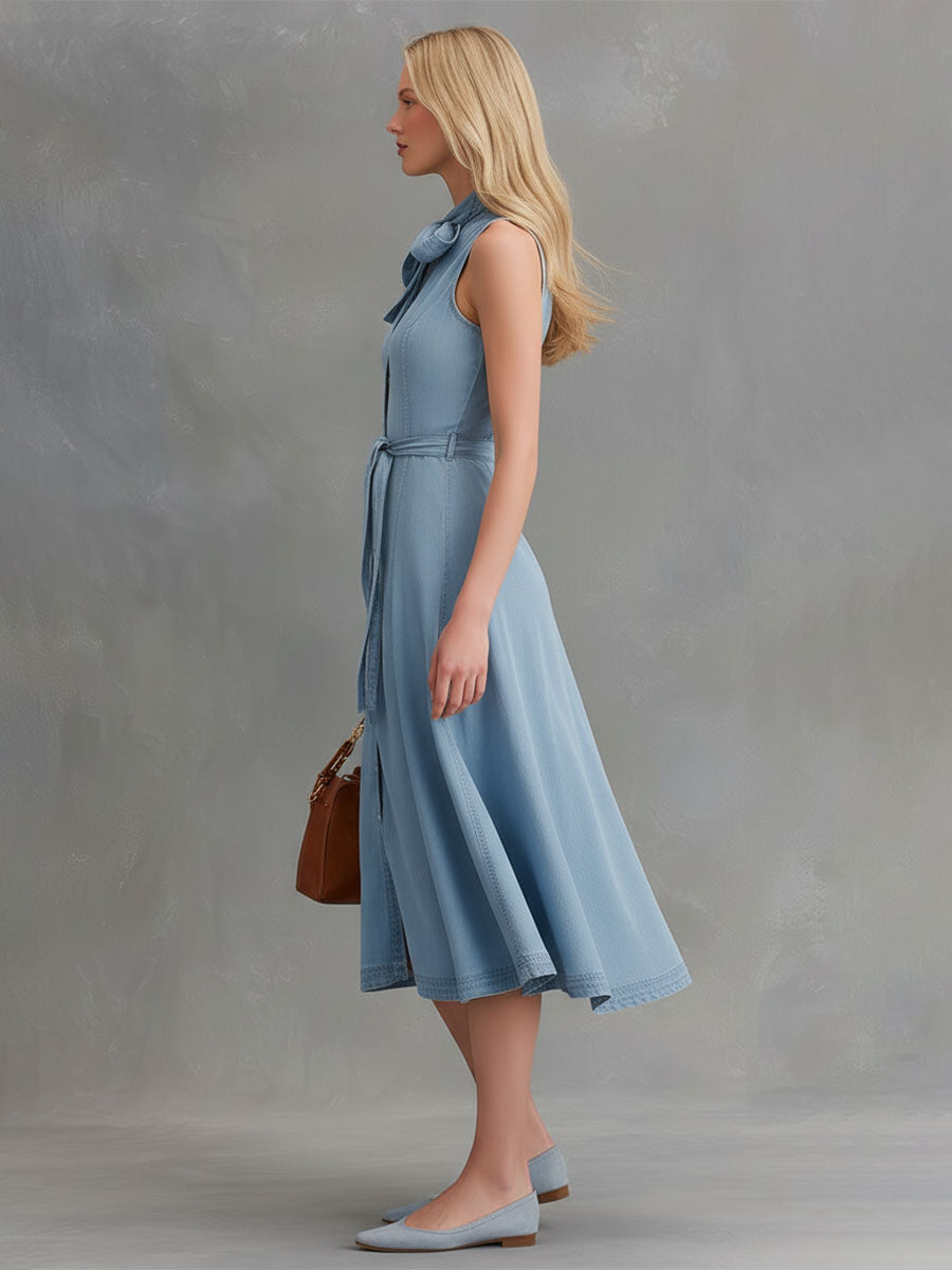 Fashionable Retro Blue Sleeveless Tie-button Washed Denim Midi Dress