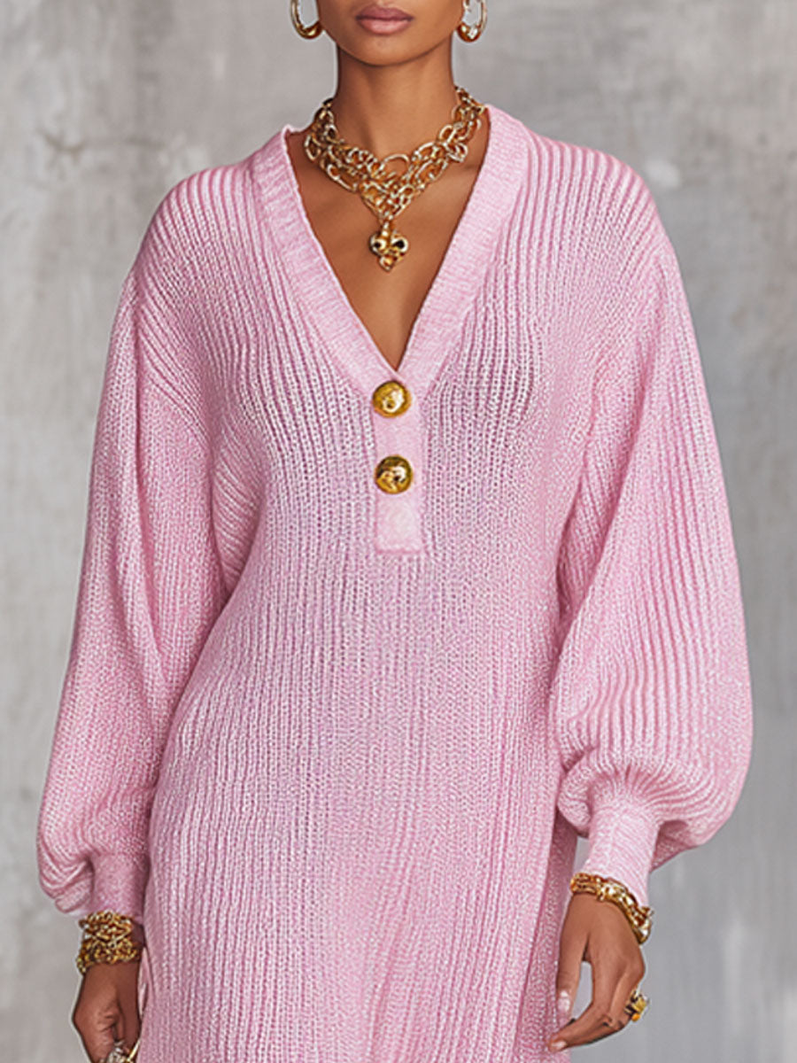 Pink V-neck Button-up Irregular Knit Long-sleeved Midi Dress